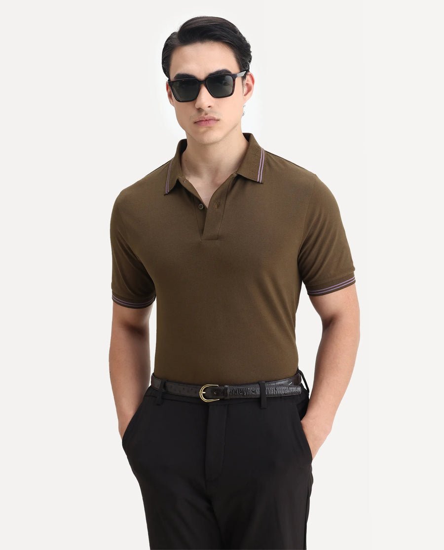 Rare Rabbit Men's Mace Olive Cotton Blend Plain Regular Fit Half Sleeve Polo