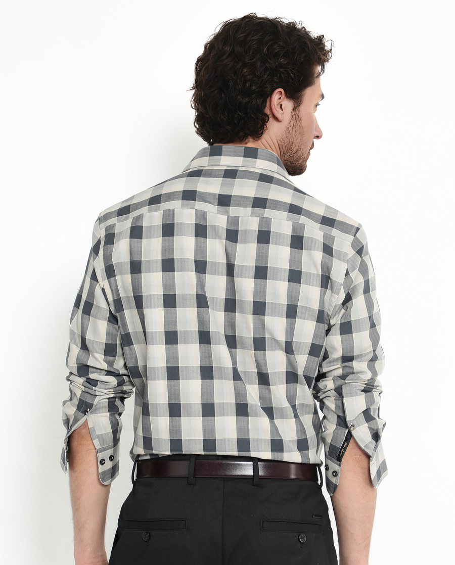 Rare Rabbit Men's Mac Grey Cotton Checked Print Regular Fit Full Sleeve Collared Shirt