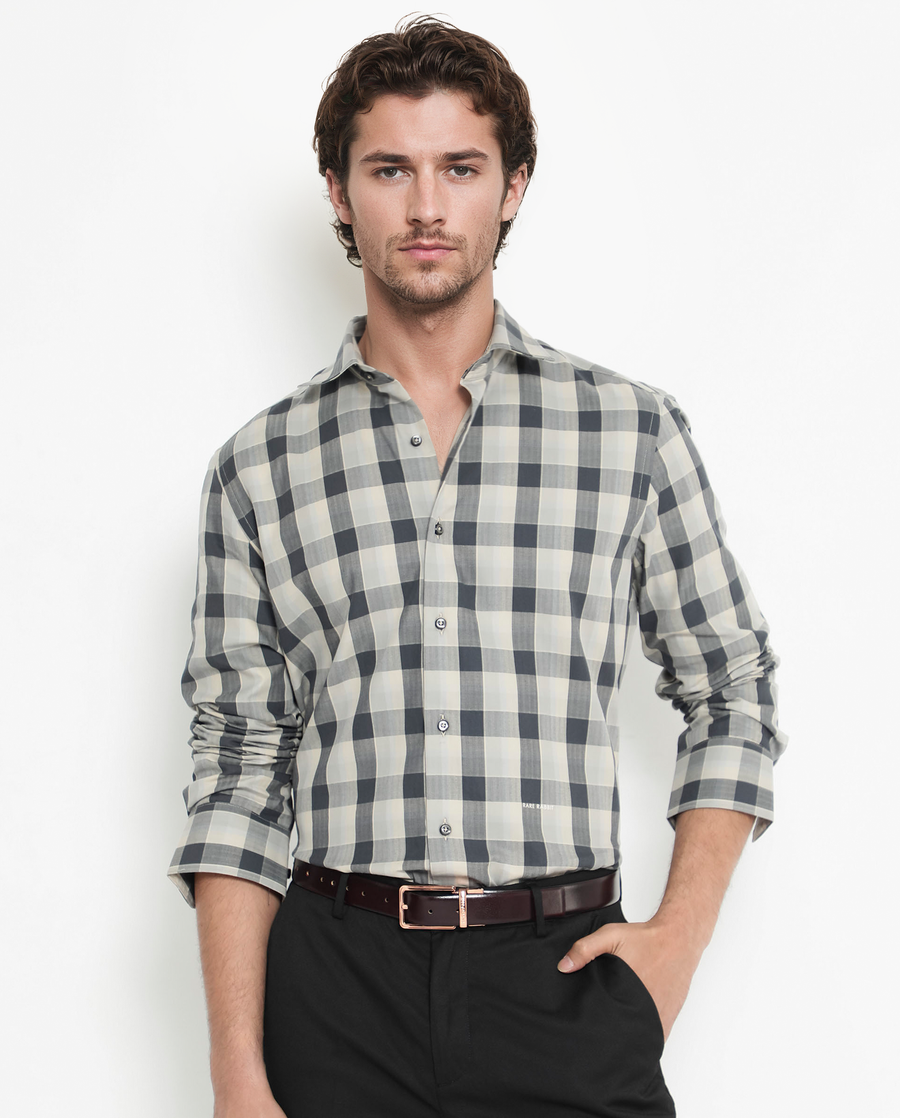Rare Rabbit Men's Mac Grey Cotton Checked Print Regular Fit Full Sleeve Collared Shirt