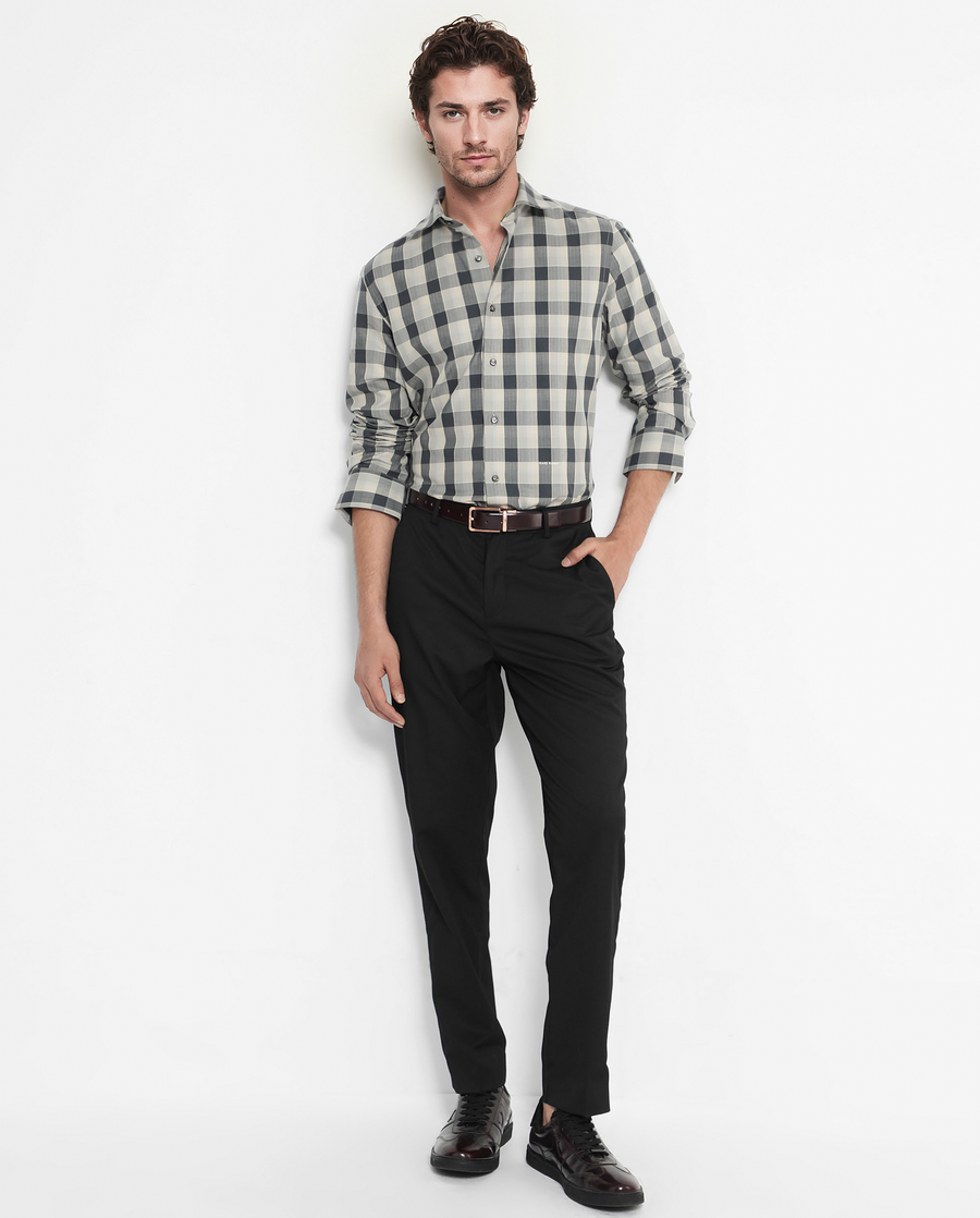 Rare Rabbit Men's Mac Grey Cotton Checked Print Regular Fit Full Sleeve Collared Shirt