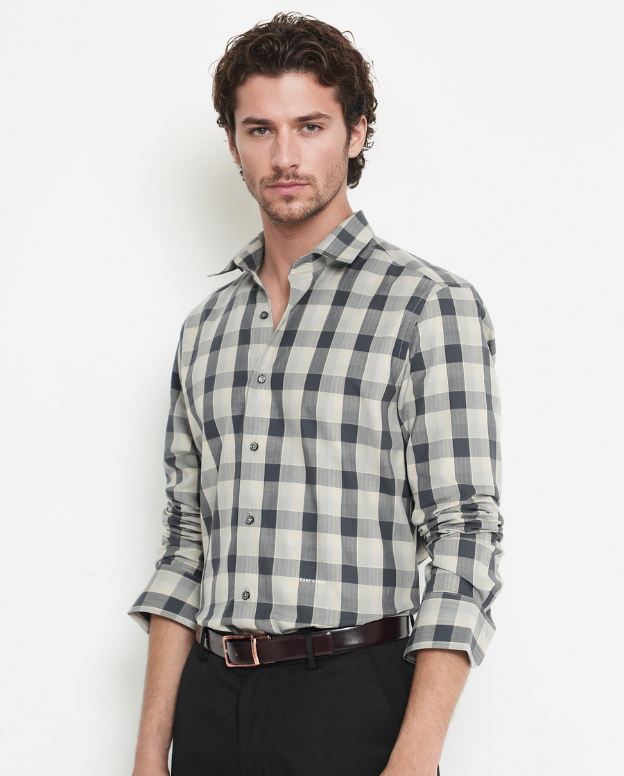 Rare Rabbit Men's Mac Grey Cotton Checked Print Regular Fit Full Sleeve Collared Shirt