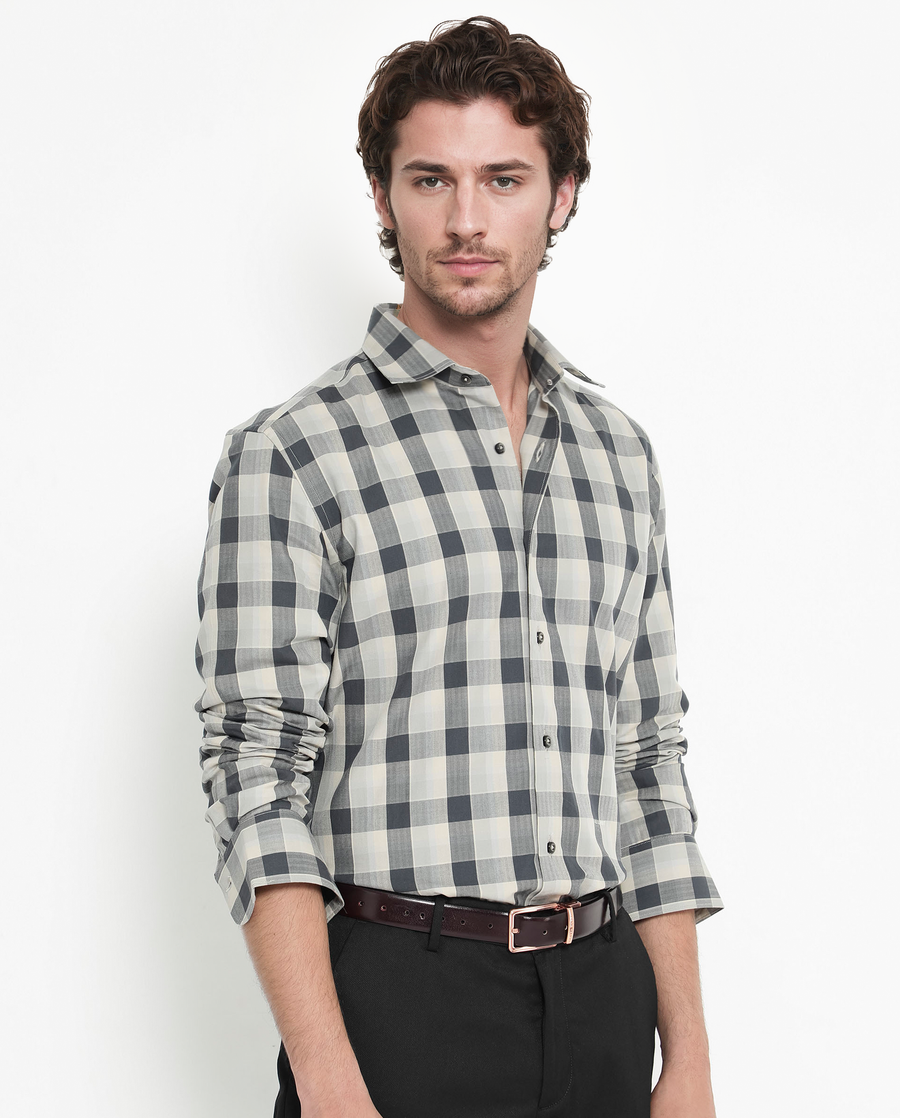 Rare Rabbit Men's Mac Grey Cotton Checked Print Regular Fit Full Sleeve Collared Shirt