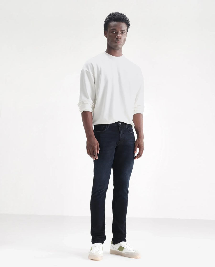 Rare Rabbit Men's Macher Dark Navy Cotton Plain Hawk Slim Fit Jeans