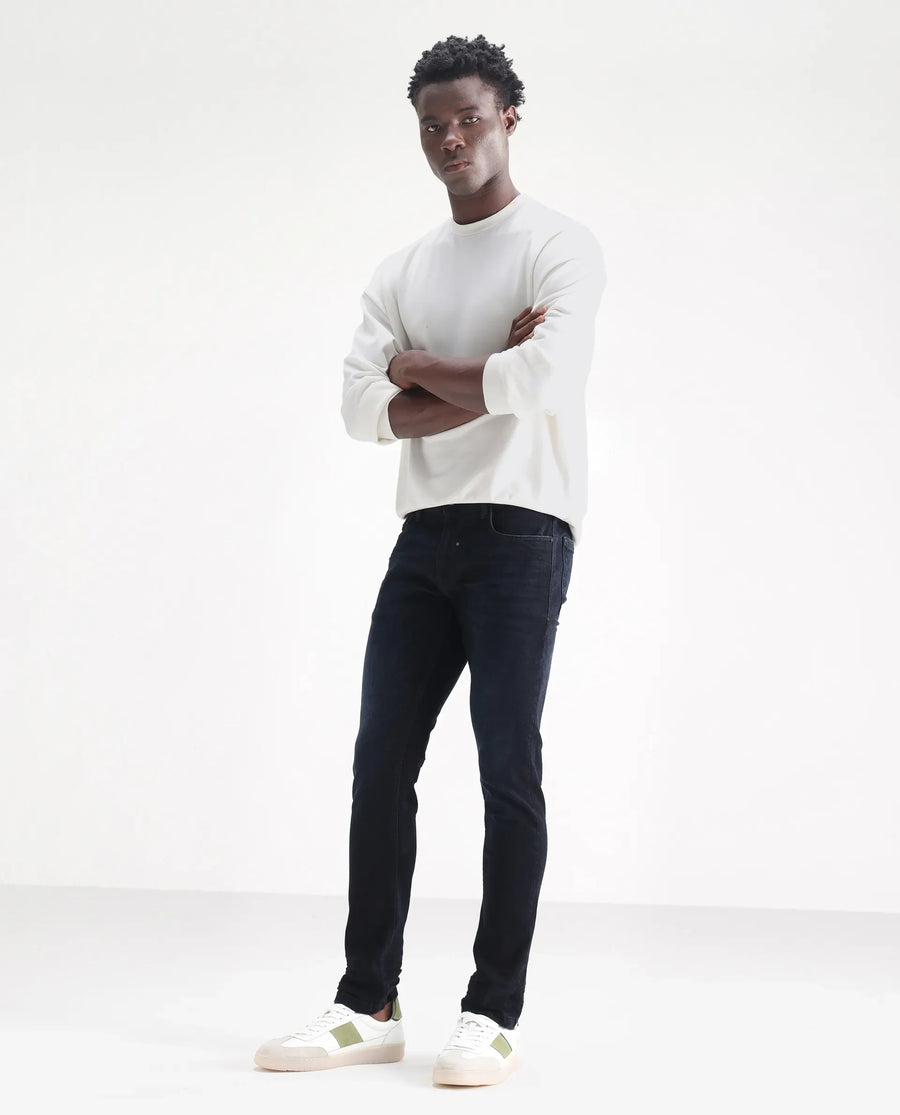 Rare Rabbit Men's Macher Dark Navy Cotton Plain Hawk Slim Fit Jeans