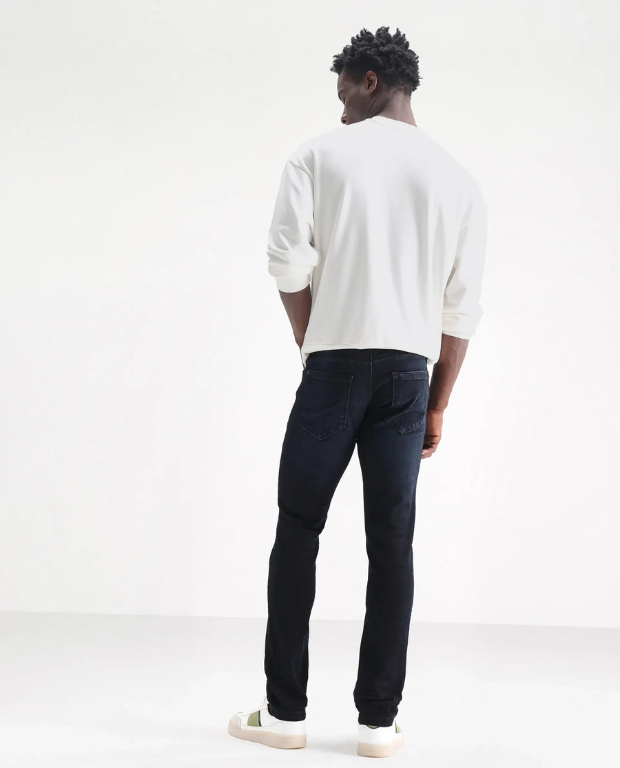 Rare Rabbit Men's Macher Dark Navy Cotton Plain Hawk Slim Fit Jeans