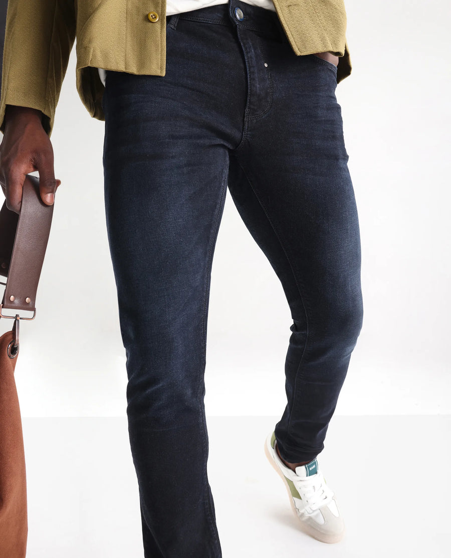 Rare Rabbit Men's Macher Dark Navy Cotton Plain Hawk Slim Fit Jeans