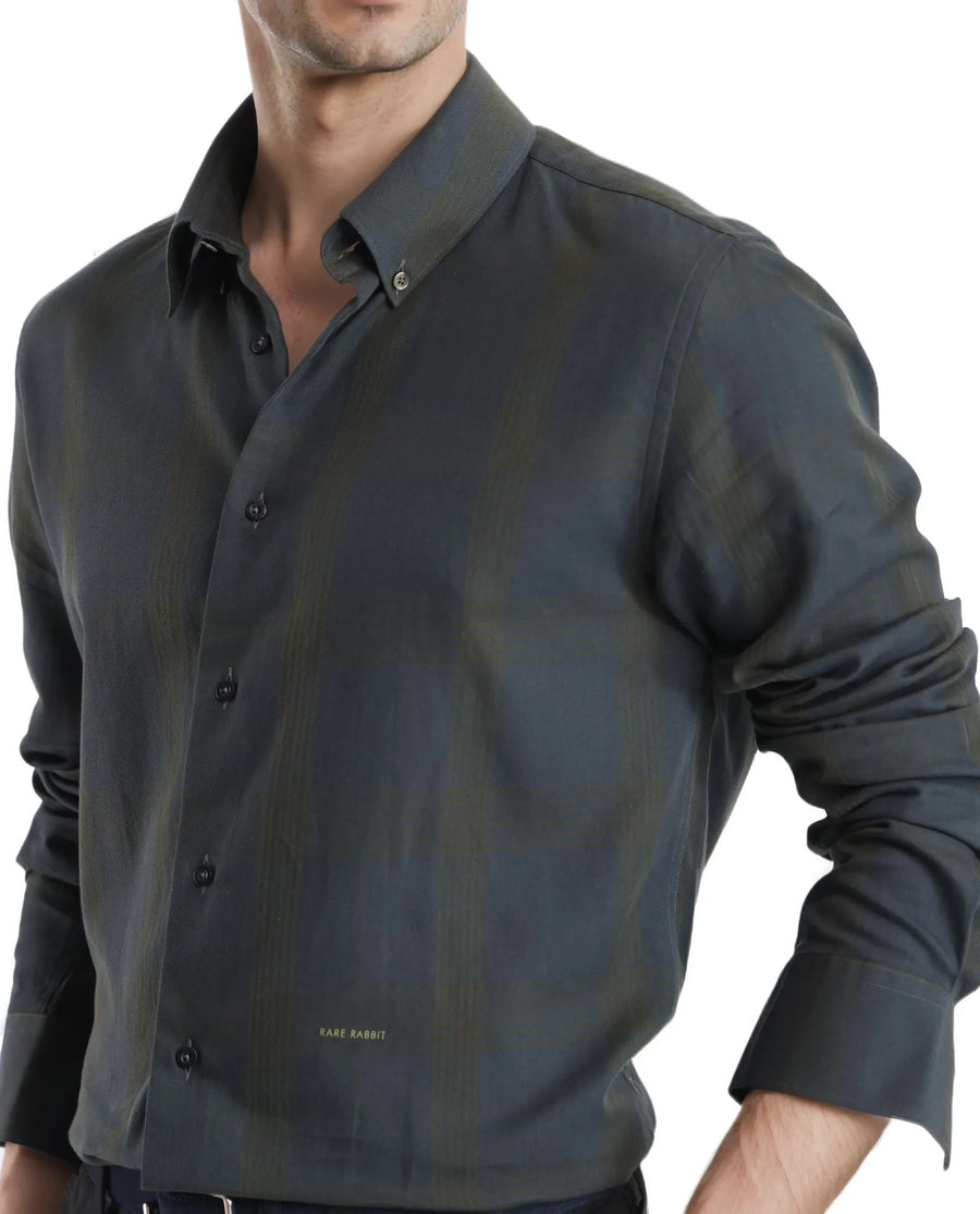 Rare Rabbit Men's Magone Dark Green Cotton Checked Print Regular Fit Full Sleeve Collared Shirt