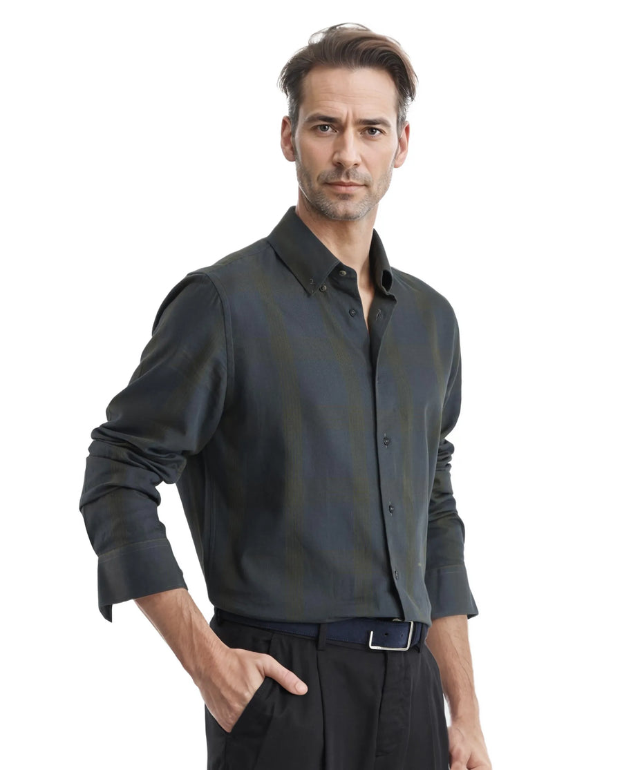 Rare Rabbit Men's Magone Dark Green Cotton Checked Print Regular Fit Full Sleeve Collared Shirt
