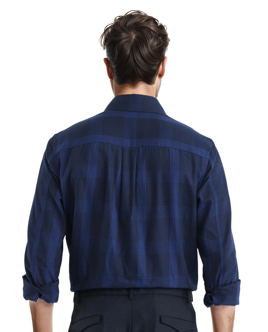 Rare Rabbit Men's Magone Navy Checked Print Regular Fit Full Sleeve Collared Shirt