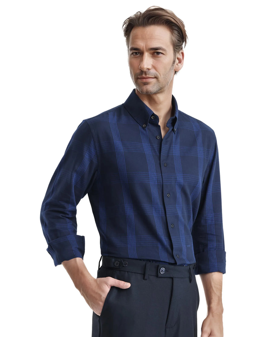 Rare Rabbit Men's Magone Navy Checked Print Regular Fit Full Sleeve Collared Shirt