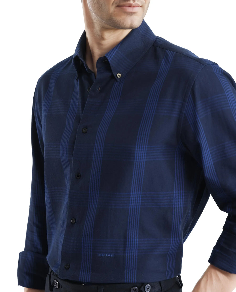 Rare Rabbit Men's Magone Navy Checked Print Regular Fit Full Sleeve Collared Shirt
