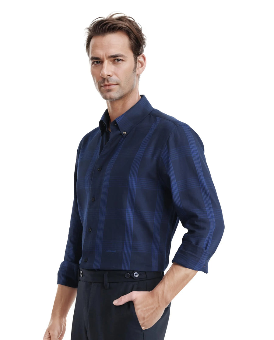 Rare Rabbit Men's Magone Navy Checked Print Regular Fit Full Sleeve Collared Shirt