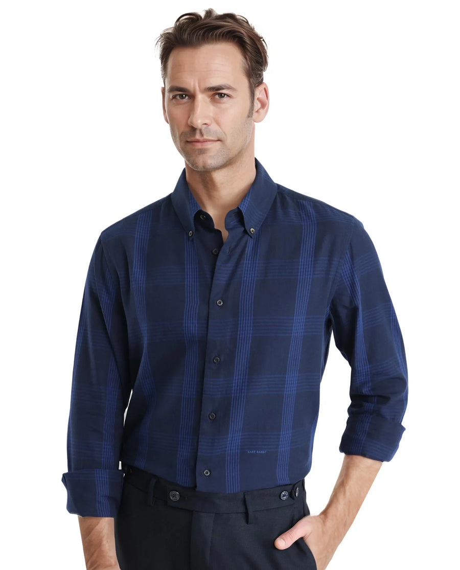 Rare Rabbit Men's Magone Navy Checked Print Regular Fit Full Sleeve Collared Shirt