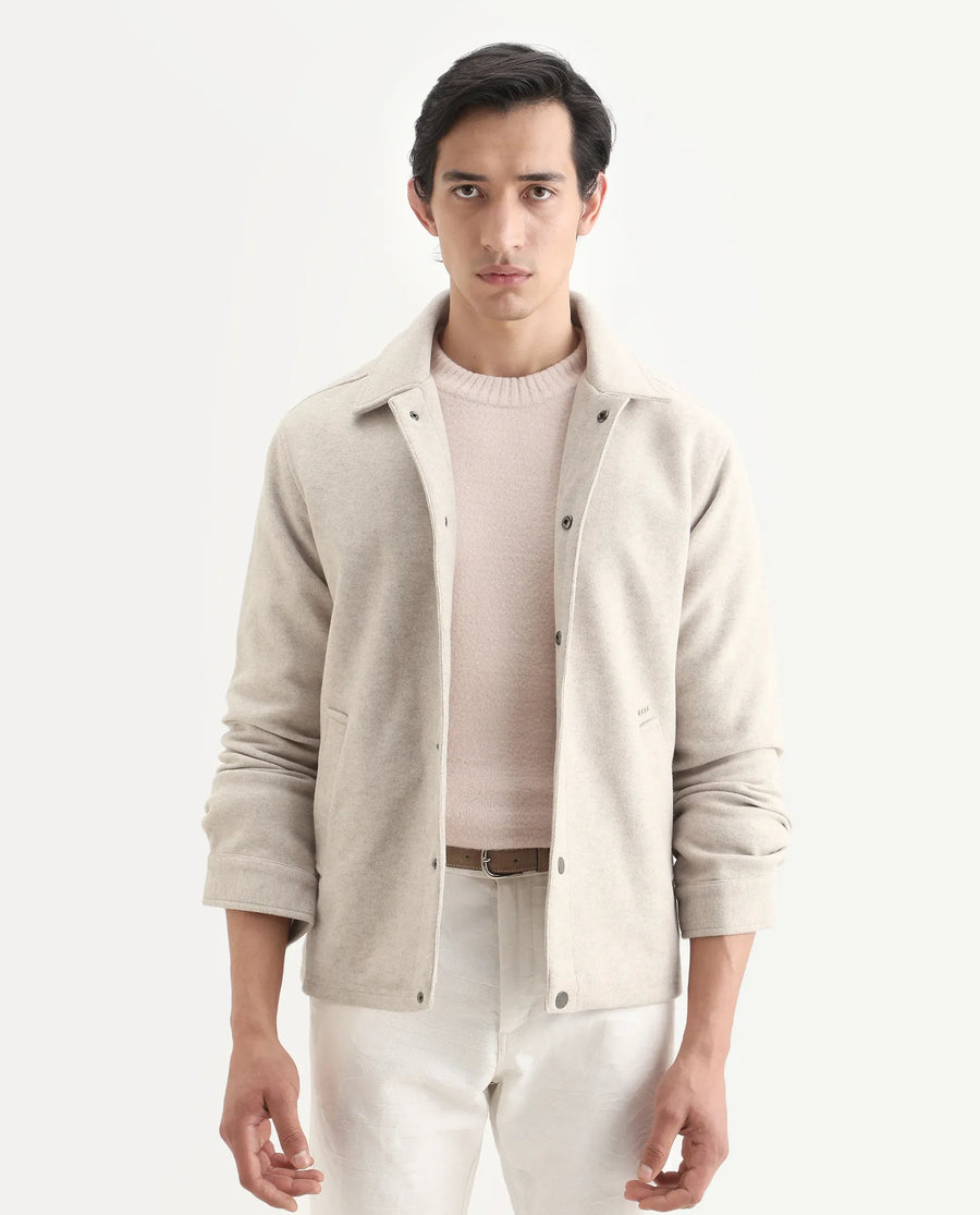 Rare Rabbit Men's Mahu Brown Polyester Fabric Spread Collar Regular Fit Plain Jacket