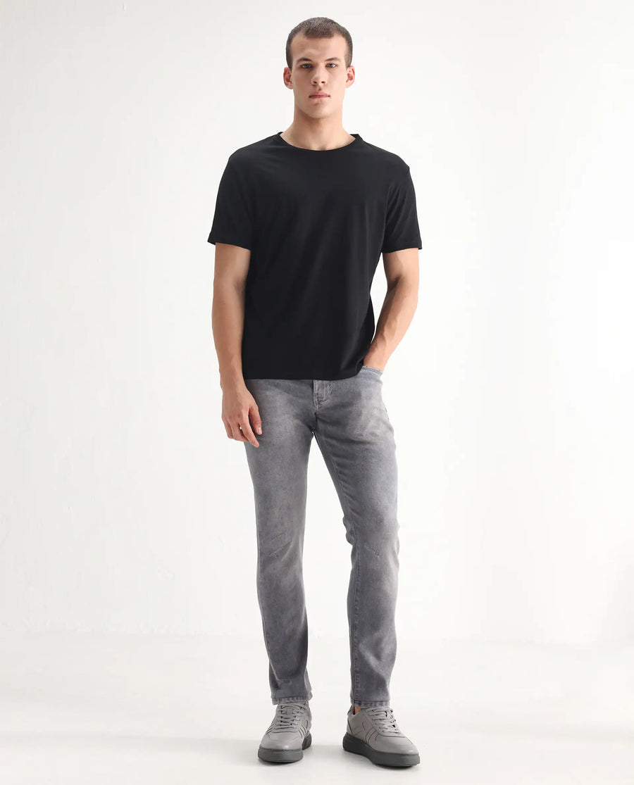 Rare Rabbit Men's Mainz Light Grey Cotton Blend Plain Hawk Slim Fit Jeans