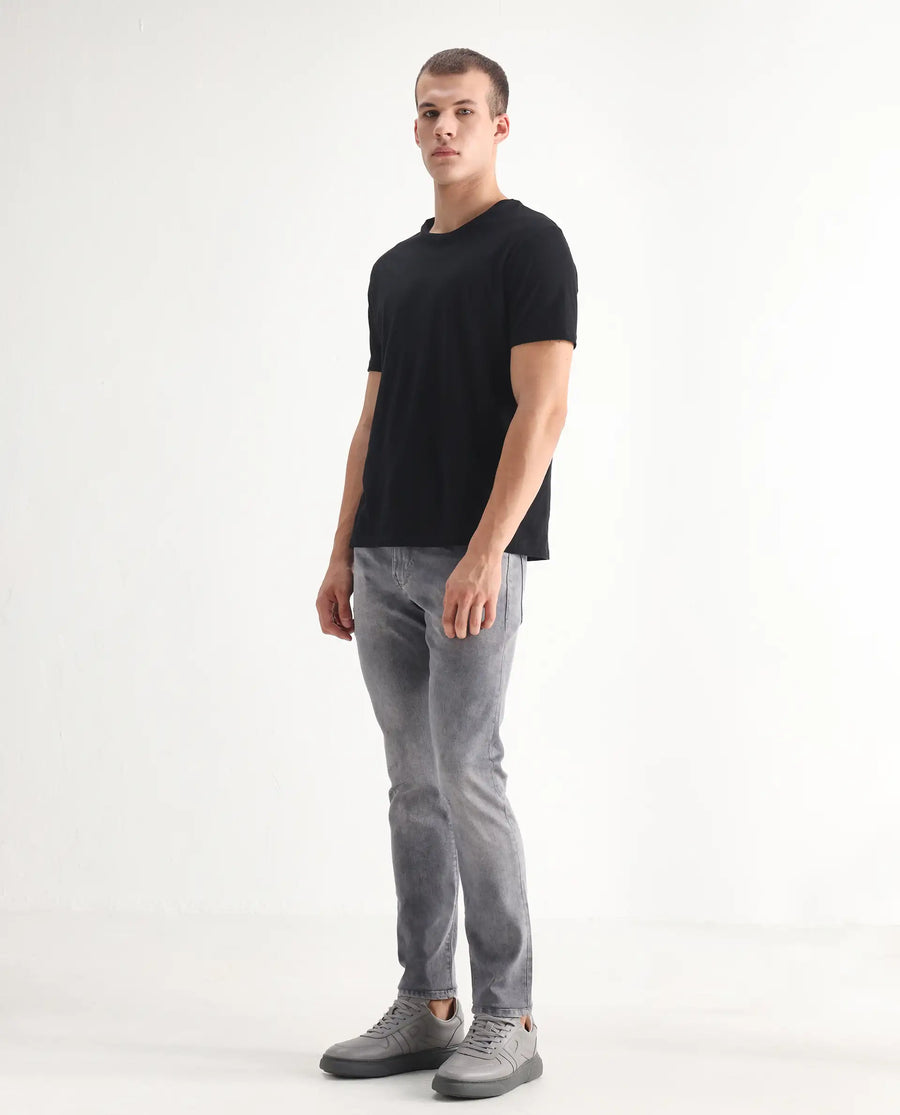 Rare Rabbit Men's Mainz Light Grey Cotton Blend Plain Hawk Slim Fit Jeans