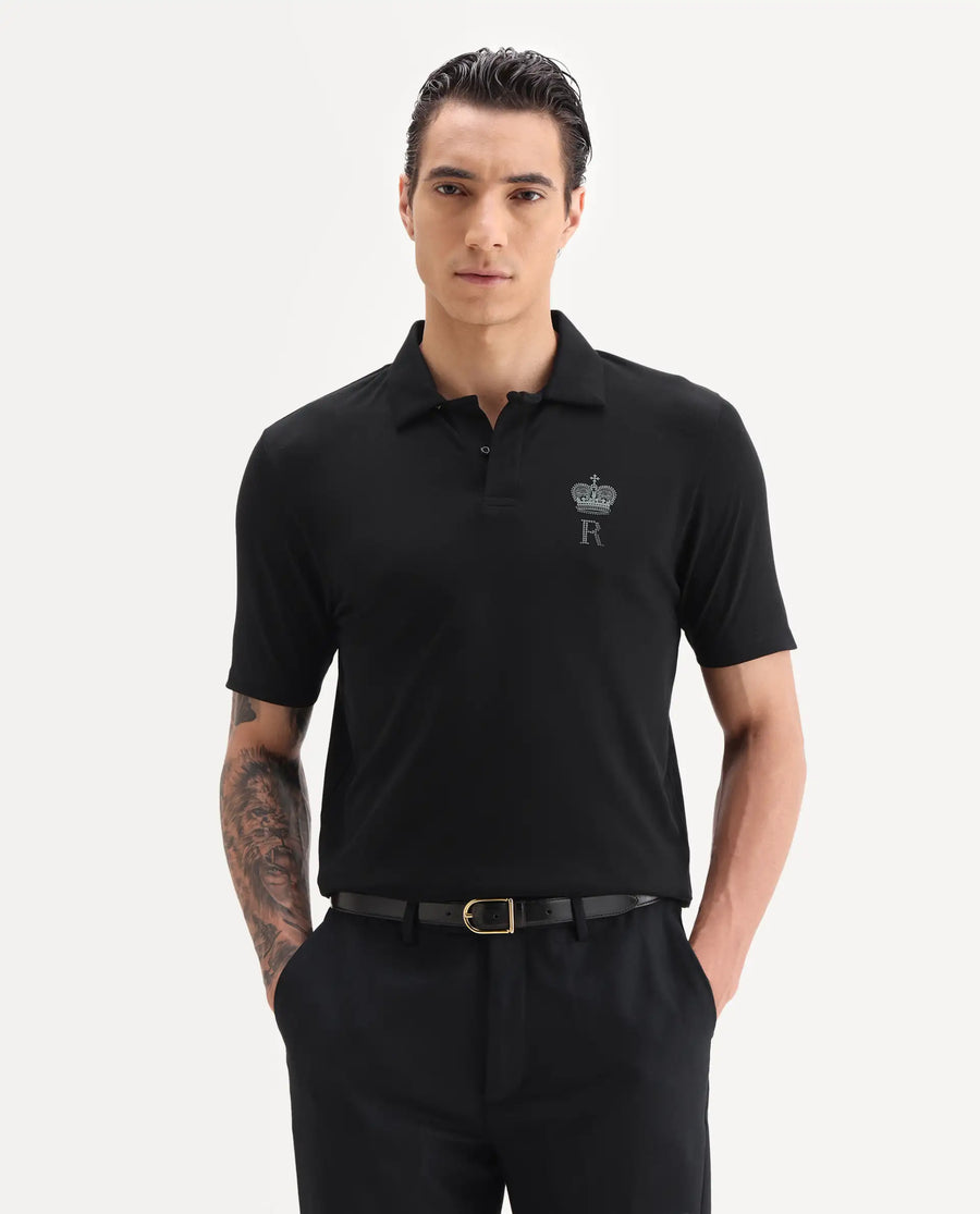 Rare Rabbit Men's Mais Black Cotton Blend Plain Regular Fit Half Sleeve Polo