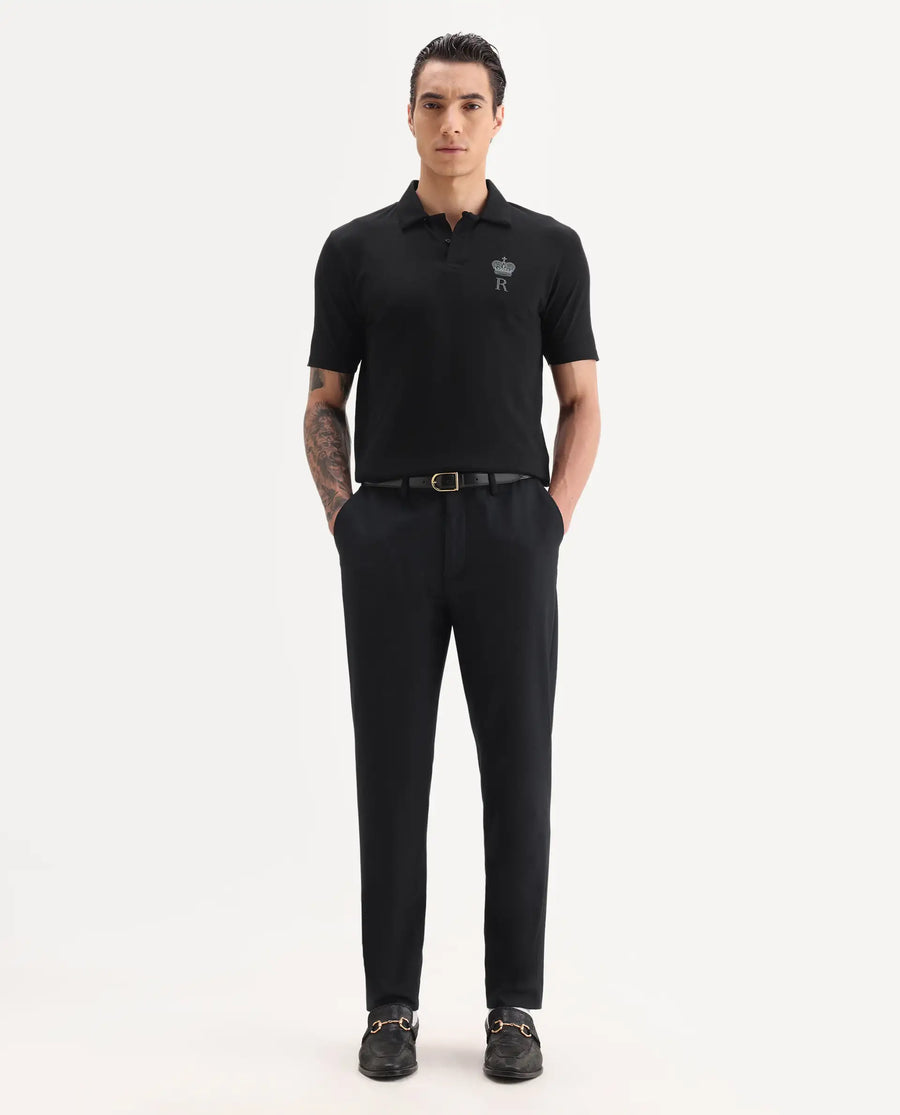 Rare Rabbit Men's Mais Black Cotton Blend Plain Regular Fit Half Sleeve Polo