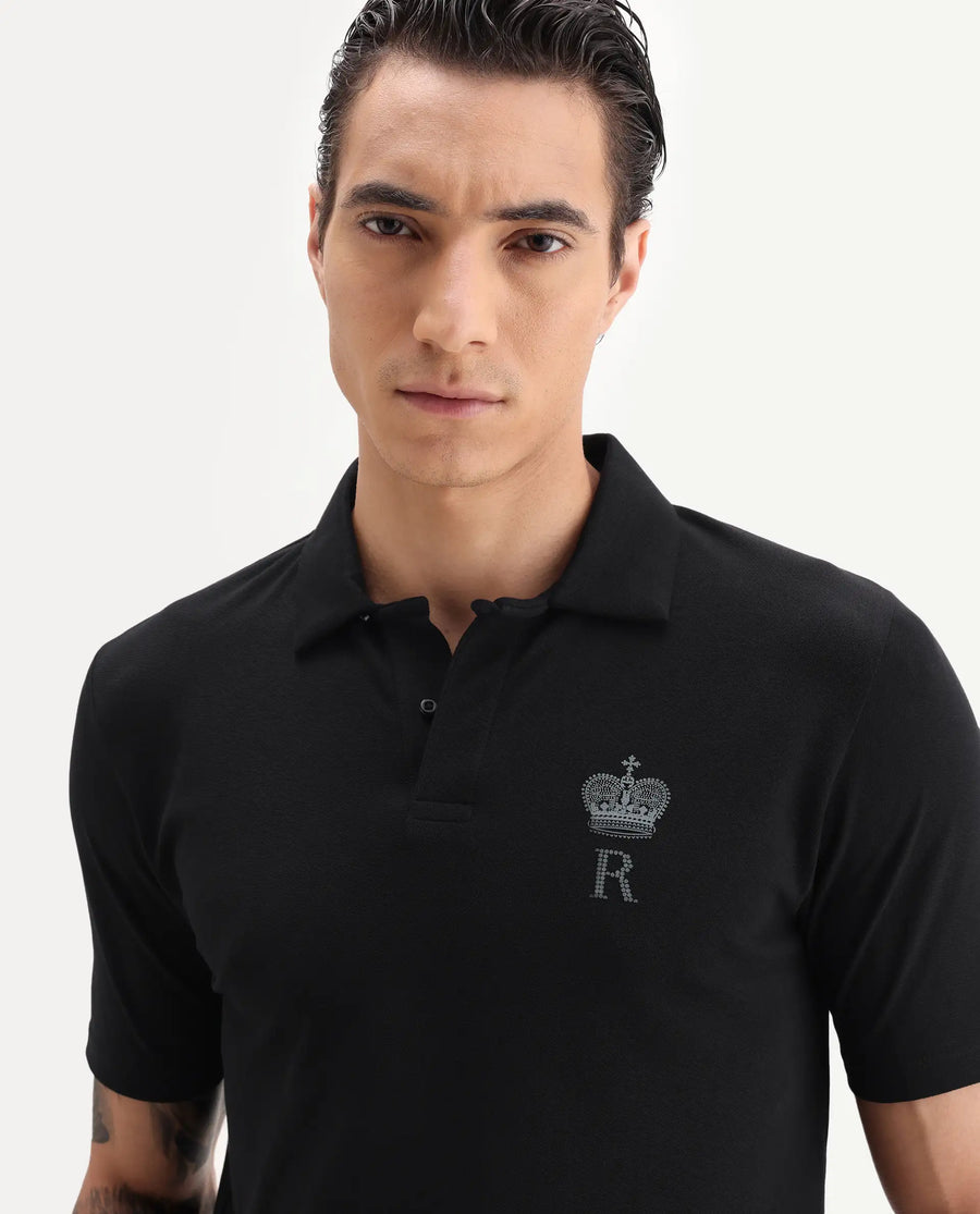 Rare Rabbit Men's Mais Black Cotton Blend Plain Regular Fit Half Sleeve Polo