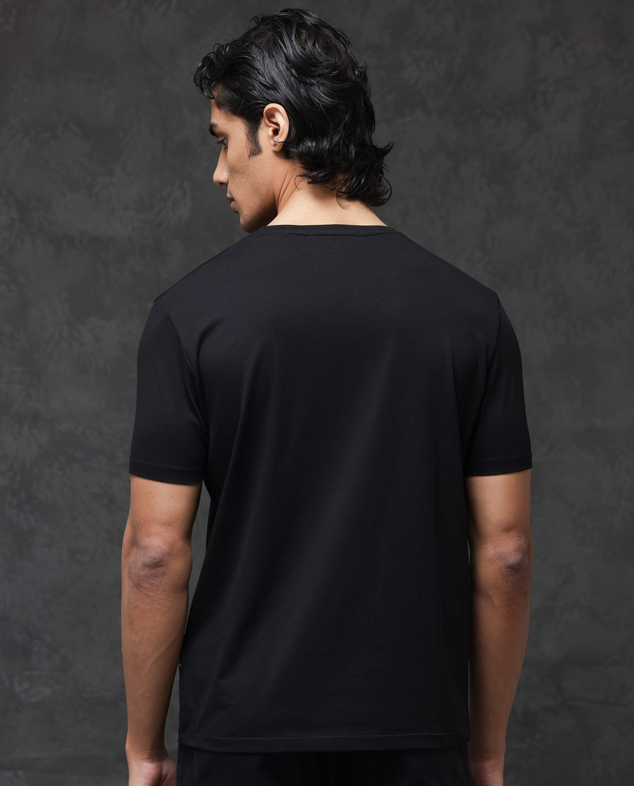 Rare Rabbit Men's Guild Casual Maisel Black Cotton Graphic Print Regular Fit Half Sleeve Crew Neck T-Shirt