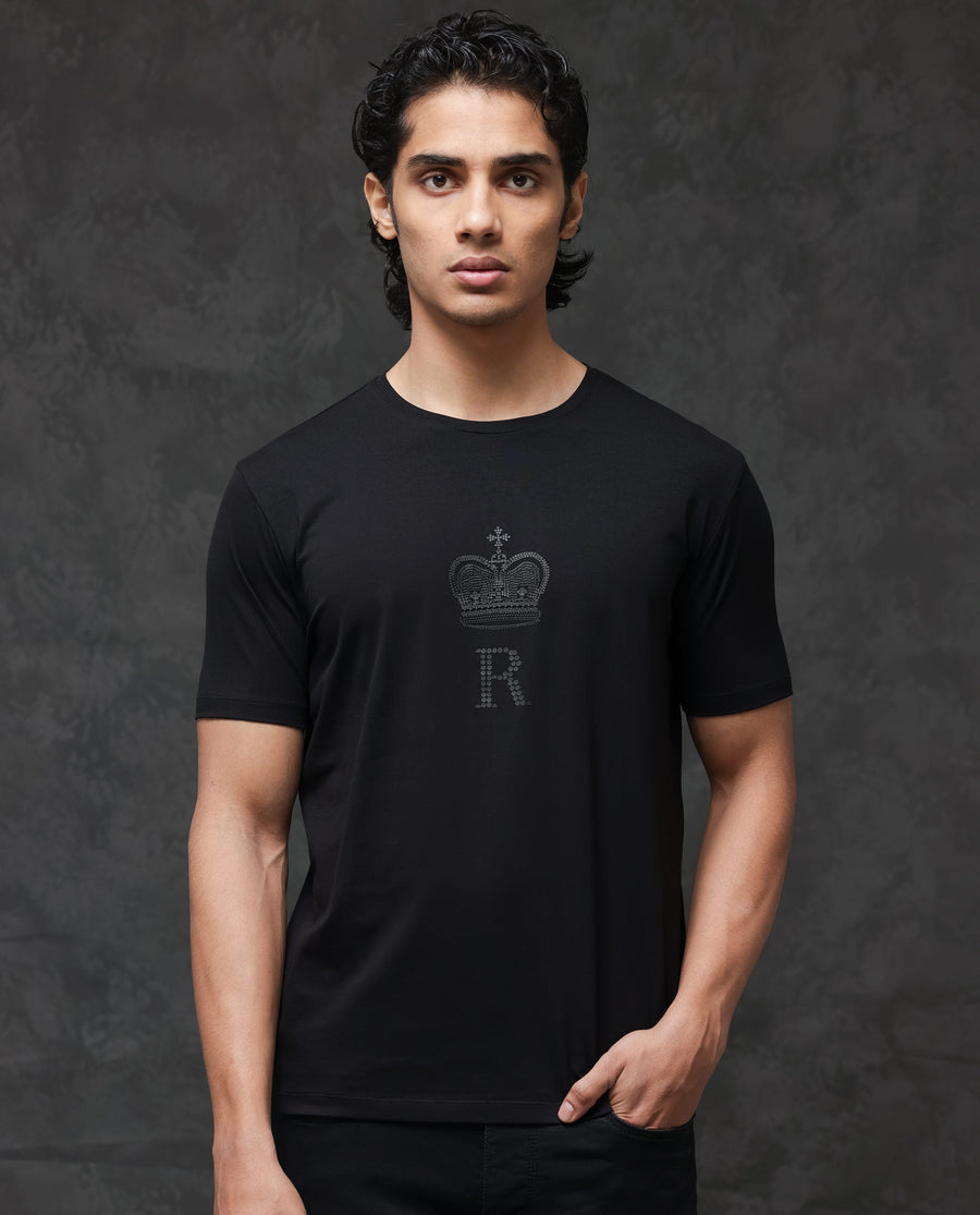 Rare Rabbit Men's Guild Casual Maisel Black Cotton Graphic Print Regular Fit Half Sleeve Crew Neck T-Shirt