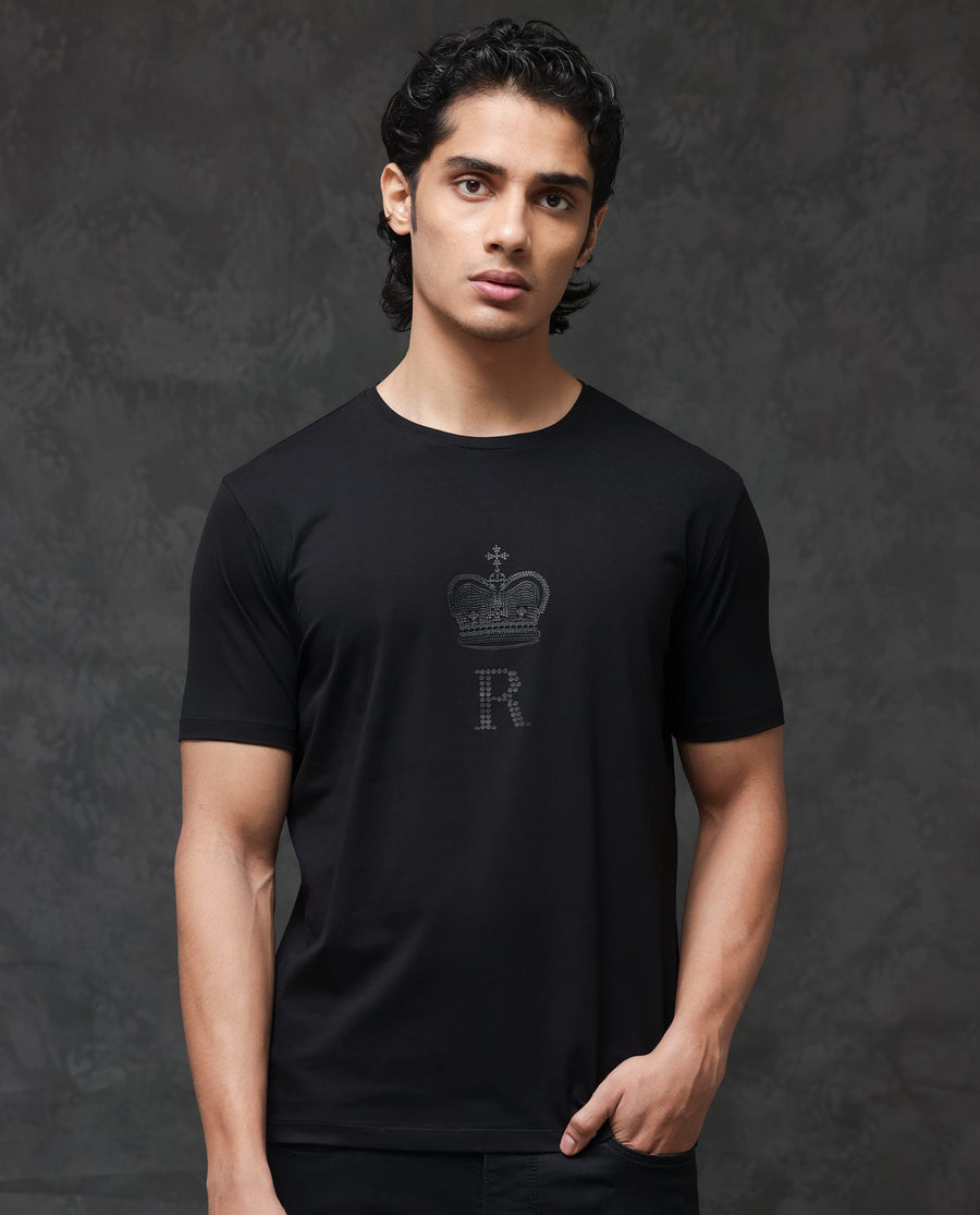 Rare Rabbit Men's Guild Casual Maisel Black Cotton Graphic Print Regular Fit Half Sleeve Crew Neck T-Shirt