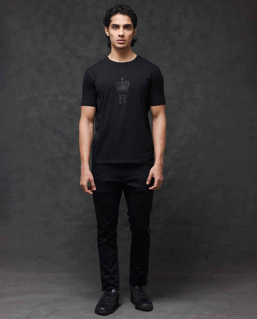 Rare Rabbit Men's Guild Casual Maisel Black Cotton Graphic Print Regular Fit Half Sleeve Crew Neck T-Shirt