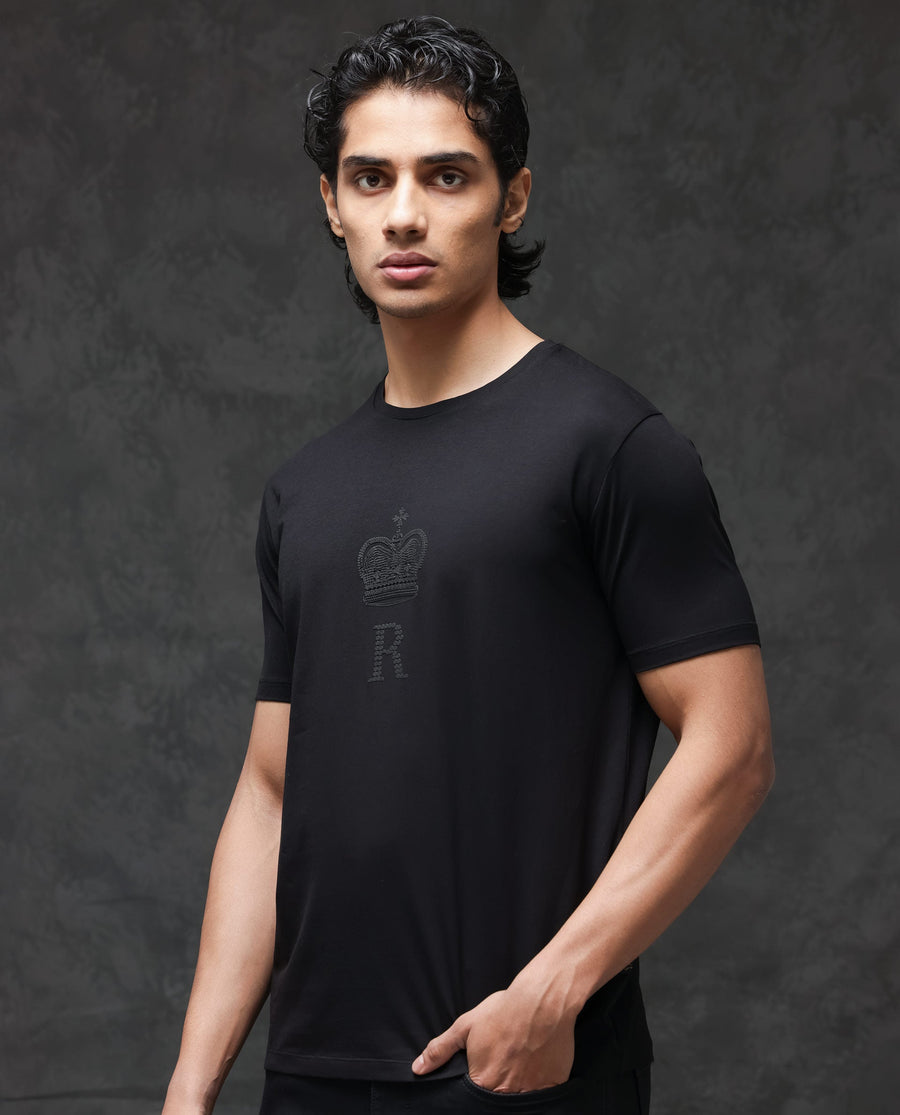 Rare Rabbit Men's Guild Casual Maisel Black Cotton Graphic Print Regular Fit Half Sleeve Crew Neck T-Shirt