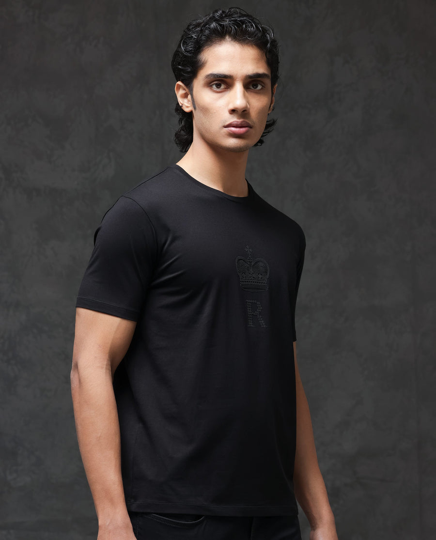 Rare Rabbit Men's Guild Casual Maisel Black Cotton Graphic Print Regular Fit Half Sleeve Crew Neck T-Shirt