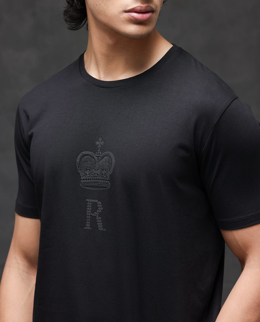 Rare Rabbit Men's Guild Casual Maisel Black Cotton Graphic Print Regular Fit Half Sleeve Crew Neck T-Shirt