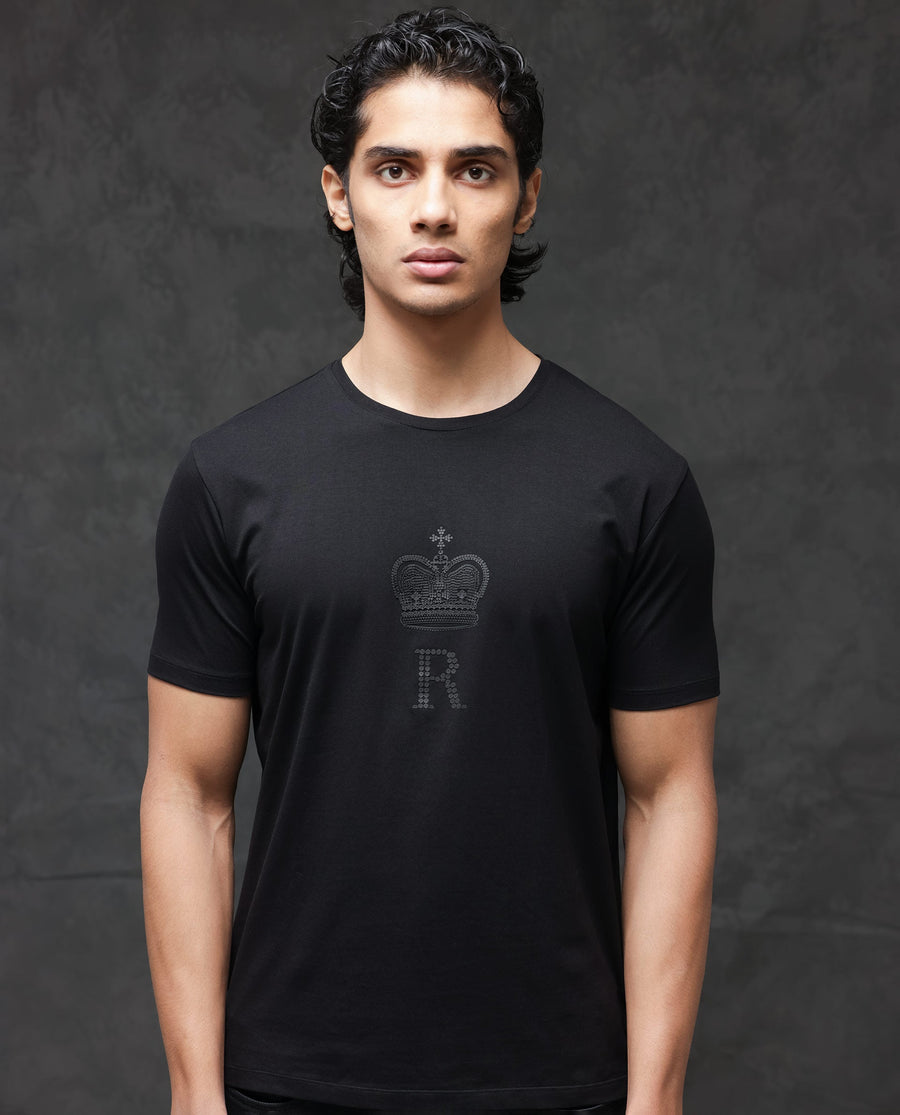 Rare Rabbit Men's Guild Casual Maisel Black Cotton Graphic Print Regular Fit Half Sleeve Crew Neck T-Shirt