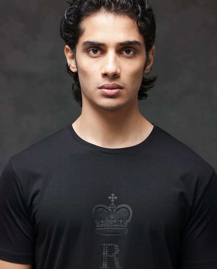 Rare Rabbit Men's Guild Casual Maisel Black Cotton Graphic Print Regular Fit Half Sleeve Crew Neck T-Shirt