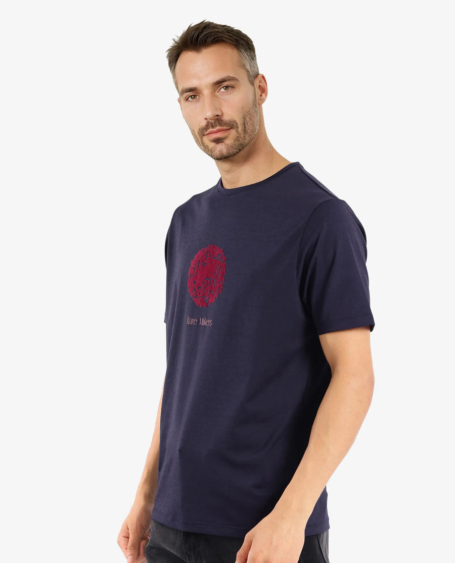 Rare Rabbit Men's Make Navy Cotton Graphic Print Regular Fit Half Sleeve Crew Neck T-Shirt