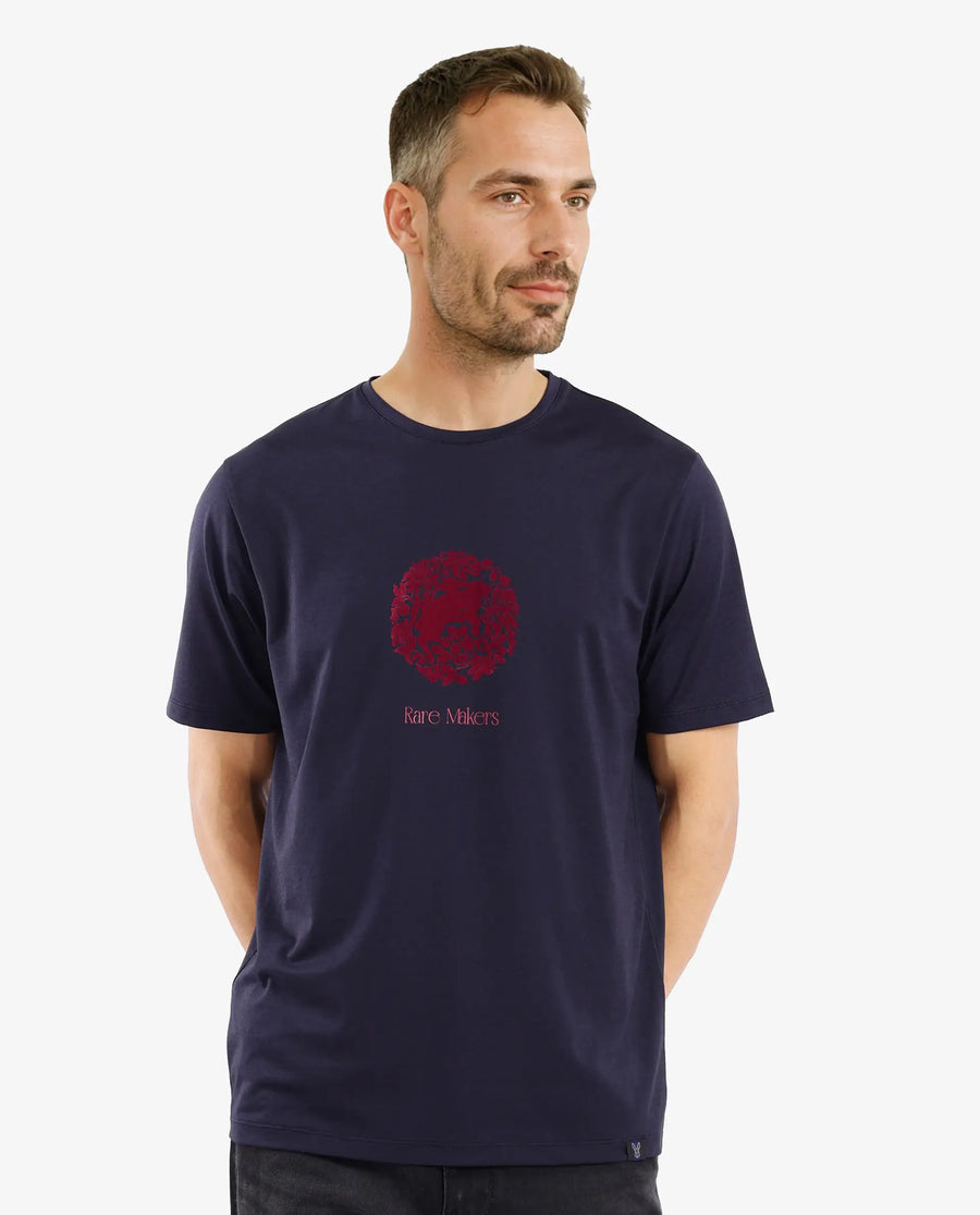Rare Rabbit Men's Make Navy Cotton Graphic Print Regular Fit Half Sleeve Crew Neck T-Shirt