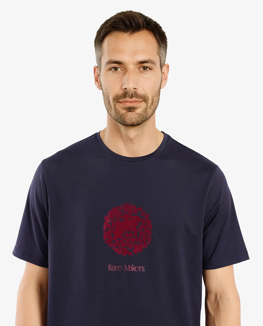 Rare Rabbit Men's Make Navy Cotton Graphic Print Regular Fit Half Sleeve Crew Neck T-Shirt