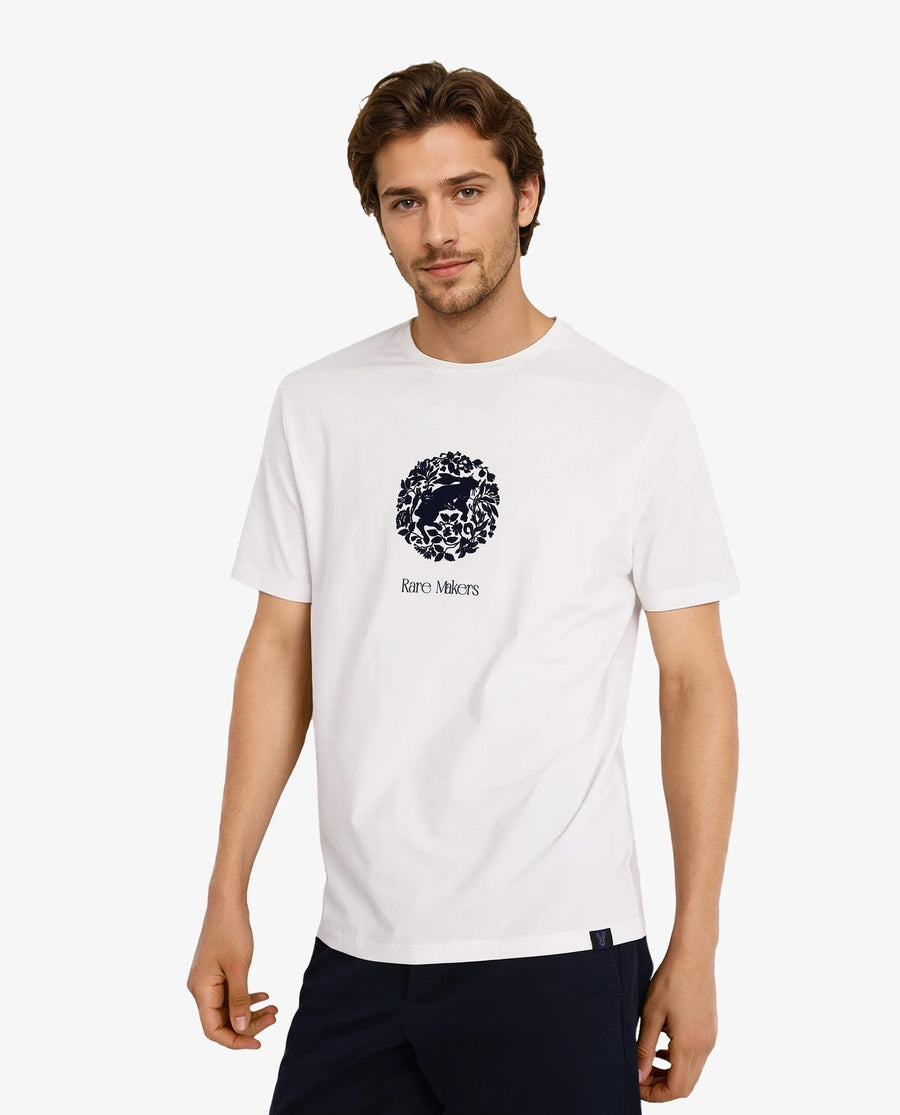 Rare Rabbit Men's Make Off White Cotton Graphic Print Regular Fit Half Sleeve Crew Neck T-Shirt