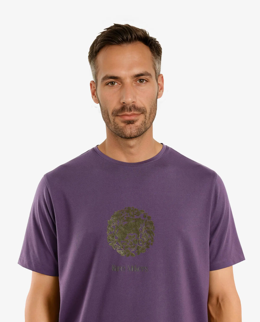 Rare Rabbit Men's Make Purple Cotton Graphic Print Regular Fit Half Sleeve Crew Neck T-Shirt