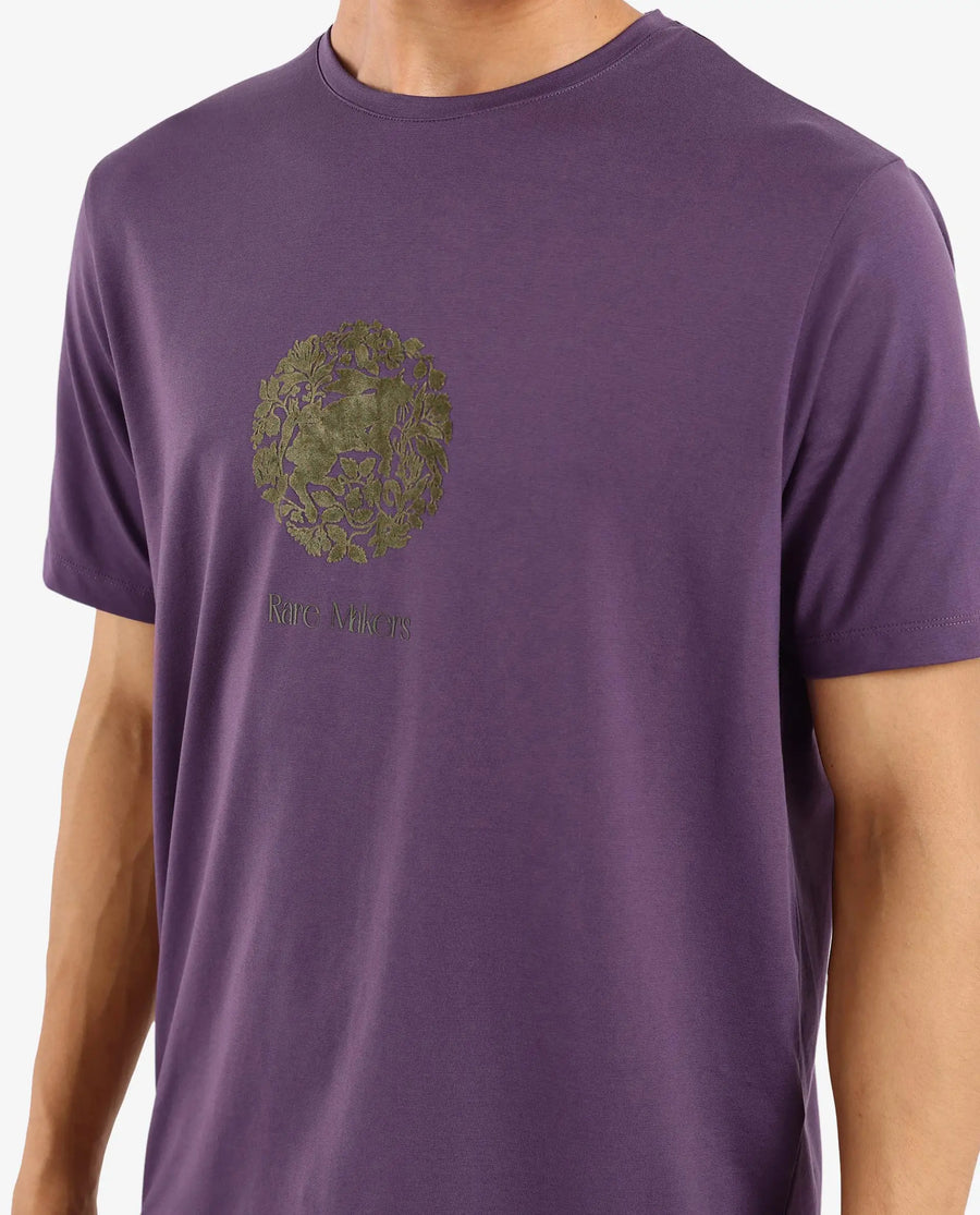 Rare Rabbit Men's Make Purple Cotton Graphic Print Regular Fit Half Sleeve Crew Neck T-Shirt