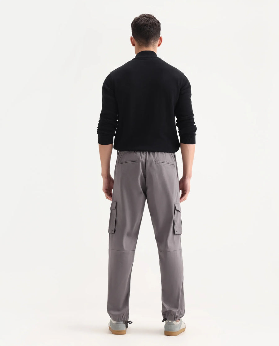 Rare Rabbit Men's Maks Dark Grey Cotton Plain Regular Fit Trouser