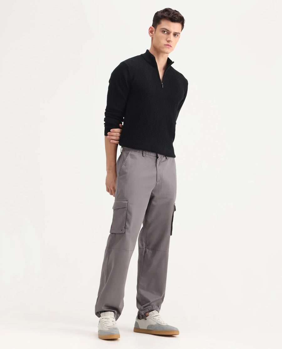 Rare Rabbit Men's Maks Dark Grey Cotton Plain Regular Fit Trouser