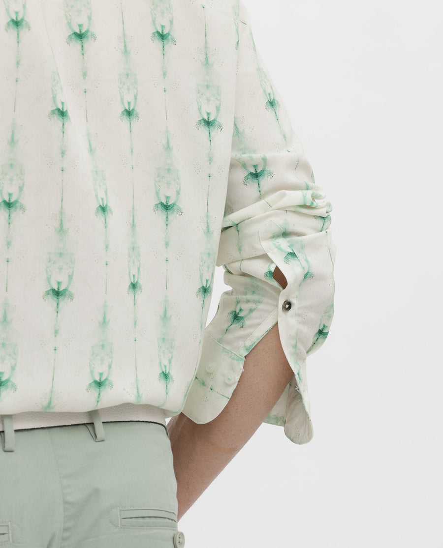 Rare Rabbit Men's Mallard Light Green Viscose Decorative Print Regular Fit Full Sleeve Collared Shirt