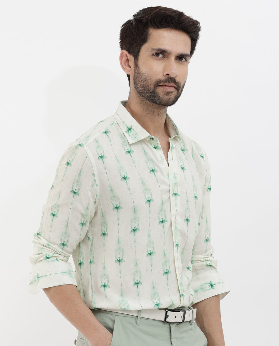 Rare Rabbit Men's Mallard Light Green Viscose Decorative Print Regular Fit Full Sleeve Collared Shirt