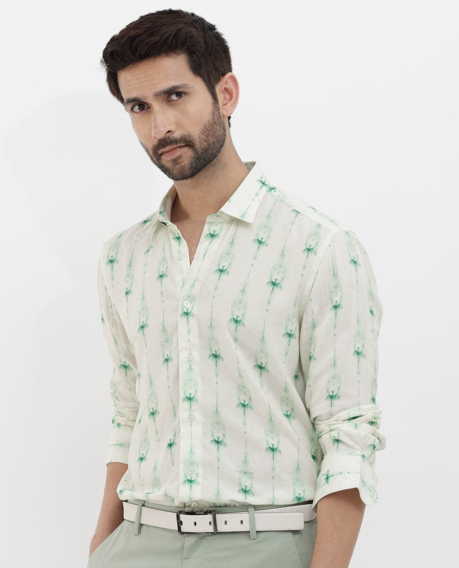 Rare Rabbit Men's Mallard Light Green Viscose Decorative Print Regular Fit Full Sleeve Collared Shirt