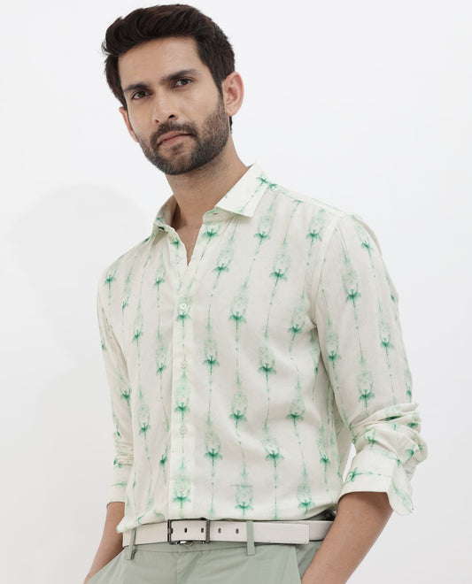 Rare Rabbit Men's Mallard Light Green Viscose Decorative Print Regular Fit Full Sleeve Collared Shirt