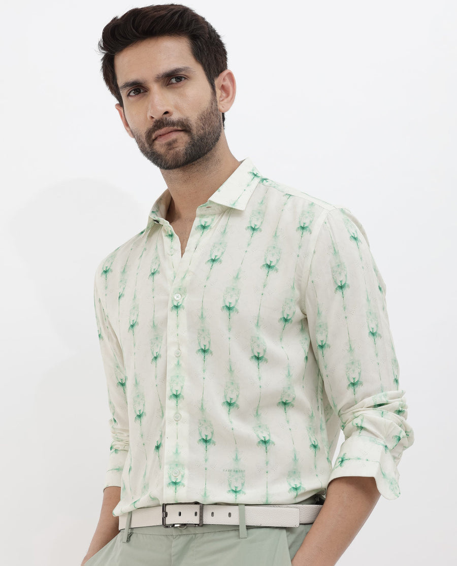 Rare Rabbit Men's Mallard Light Green Viscose Decorative Print Regular Fit Full Sleeve Collared Shirt