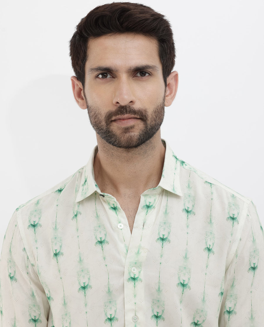 Rare Rabbit Men's Mallard Light Green Viscose Decorative Print Regular Fit Full Sleeve Collared Shirt