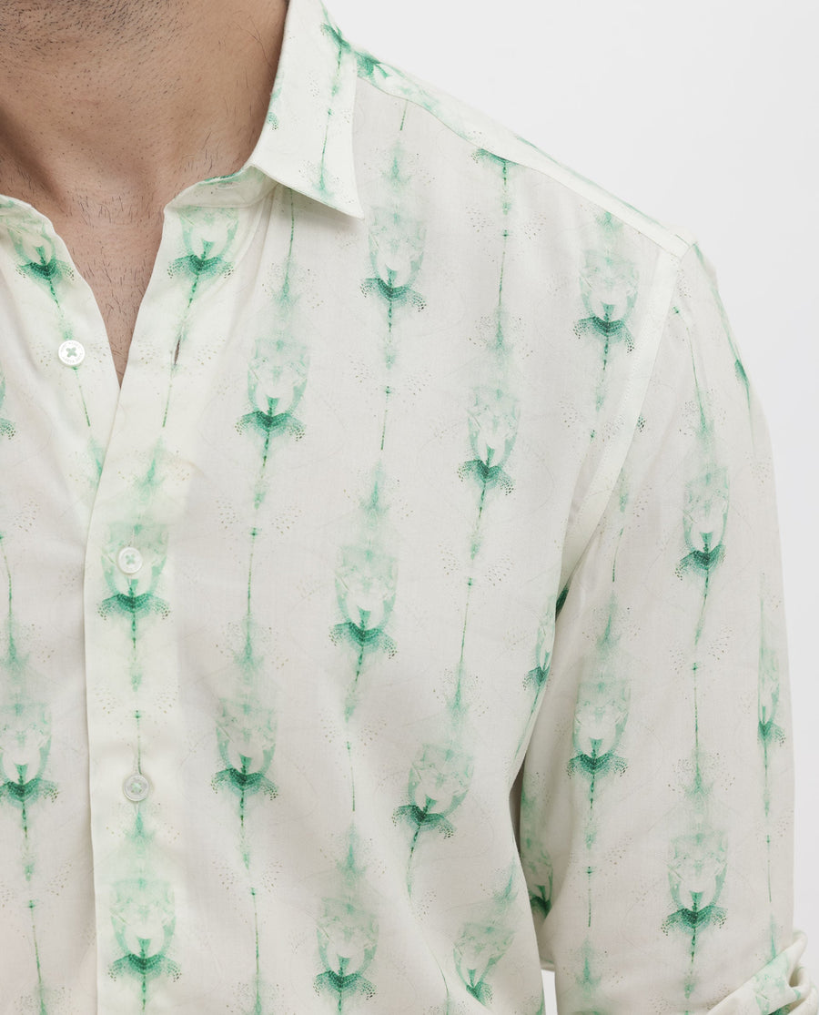 Rare Rabbit Men's Mallard Light Green Viscose Decorative Print Regular Fit Full Sleeve Collared Shirt