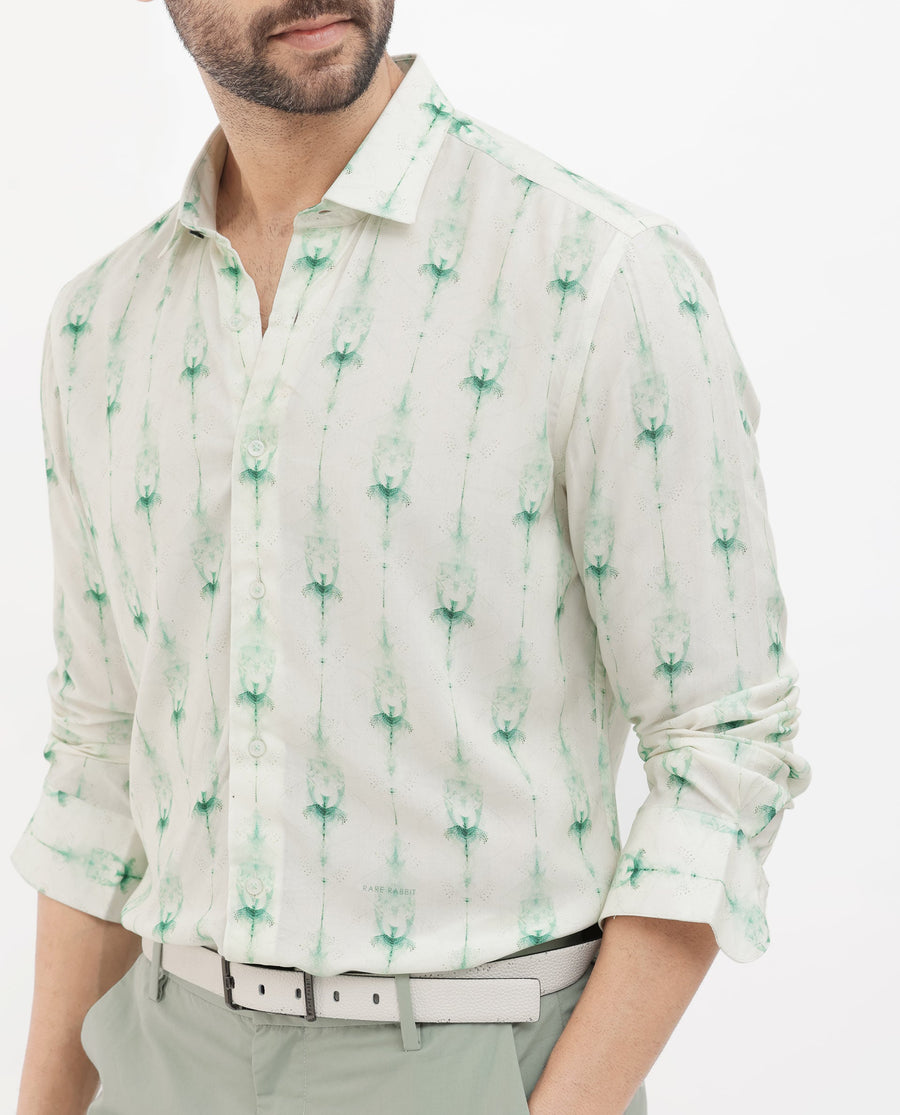 Rare Rabbit Men's Mallard Light Green Viscose Decorative Print Regular Fit Full Sleeve Collared Shirt