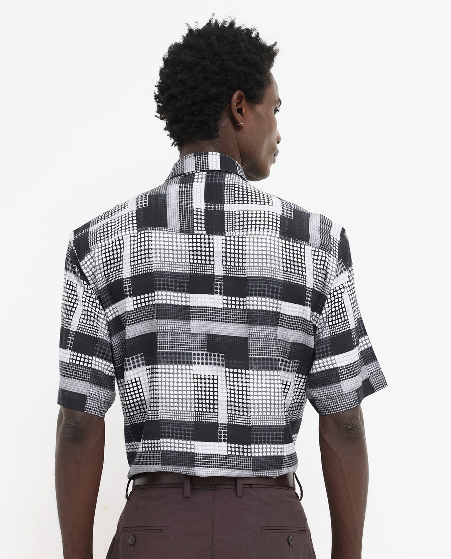 Rare Rabbit Men's Mallor Black Viscose Geometric Print Boxy Fit Half Sleeve Collared Shirt