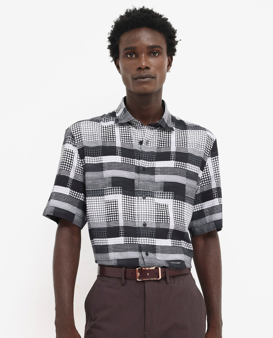 Rare Rabbit Men's Mallor Black Viscose Geometric Print Boxy Fit Half Sleeve Collared Shirt